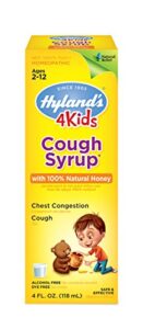 cough syrup for kids ages 2+ 100% honey for kids by hyland’s, decongestant, natural relief of cough and chest congestion, 4 fl oz