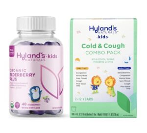 hyland’s naturals kids organic elderberry plus gummies + 4kids cold & cough, daytime (4 fl. oz.) & nighttime (4 fl. oz.) value pack, cough syrup – 48 vegan kids gummies + 8oz. cold & cough syrup