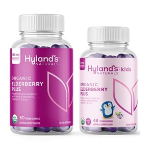 hyland’s naturals adult & kids organic elderberry plus gummies, organic black elderberry with zinc & vitamin c, immune support for adults &children, 60 vegan adult gummies + 48 vegan kids gummies