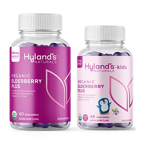 HYLAND'S Naturals Adult & Kids Organic Elderberry Plus Gummies, Organic Black Elderberry with ZINC & Vitamin C, Immune Support for Adults &Children, 60 Vegan Adult Gummies + 48 Vegan Kids Gummies