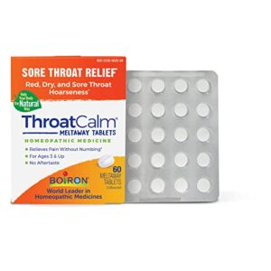 boiron throatcalm tablets for pain relief from red, dry, scratchy, sore throats and hoarseness – 60 count