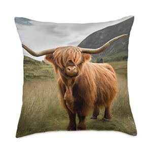 scottish hyland cow highlander cow decor scottish highland decor cow print throw pillow, 18×18, multicolor