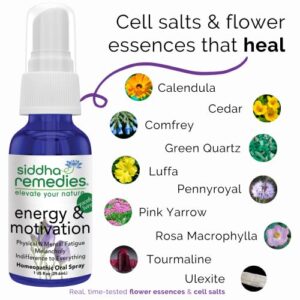 Siddha Remedies Energy & Motivation Spray | 100% Natural Homeopathic Remedy with Traditional Homeopathic Ingredients, Cell Salts and Flower Essences | No Alcohol No Sugar