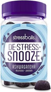 stressballs, de-stress + snooze*, with melatonin and ashwagandha to aid in sleep and stress relief*, chamomile & lavender herbal blend, non-habit forming supplement, 46 gummies