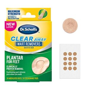 dr. scholl’s clear away plantar wart remover for feet, 24 medicated discs & 24 cushioning pads // maximum strength without a prescription