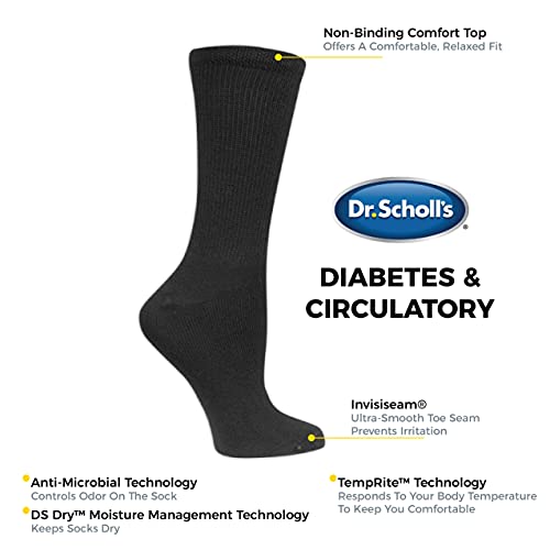 Dr. Scholl's Women's Diabetes and Circulatory Crew 4 Pair Casual Sock, Black, Shoe Size 7-12 US