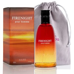 firenight pour homme- eau de toilette spray perfume, fragrance for men- daywear, casual daily cologne set with deluxe suede pouch- 3.4 oz bottle- ideal edt beauty gift for birthday, anniversary