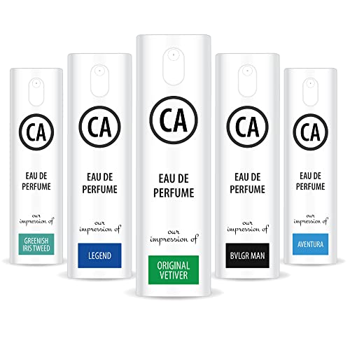 CA Perfume Niche Men Set Impression of ( Aventura + Greenish Irish Tweed + Original Vetiver + Legend + Bvl. Man ) Fragrance Sample Travel Size Parfum Sprayer ( 0.3 Fl Oz/10 ml) x5