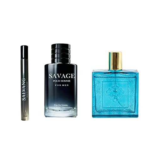 INSPIRE SCENTS Savage Pour Home & Lion Versatile Cologne for Men + Salvang Travel Spray of 35ml Eau De Toilette Natural Spray, Savage & Lion Versatile Parfum 3.4oz Fl Oz/100ml each, Wonderful Gift, Masculine Scent for All Skin Types (Pack of 3)