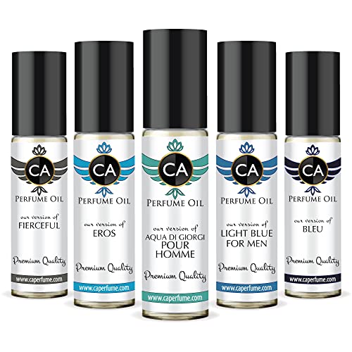 CA Perfume 2020 Top 5 Men Perfume Set Impression of (Light Blue + Eros + Aqua Di Giorgi + Bleu + Fierceful) Fragrance Body Oils Essential Sample Travel Size Roll-On (0.3 Fl Oz/10 ml) x 5