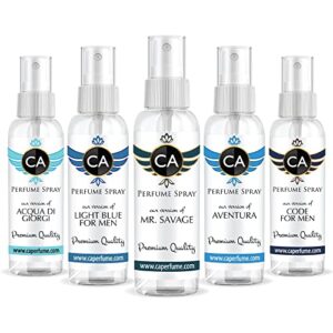 ca perfume best spring men set impression of ( light blue + mr.savage + code + aventura + aqua di giorgi ) fragrance sample travel size parfum sprayer ( 2 fl oz/60 ml) x 5