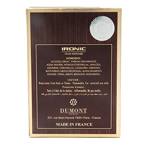 Dumont Ironic Oud Mirage Pour Homme (3.4 Fl. Oz) Eau De Perfum – Perfume Body Spray for Men, Boys, Him - Long Lasting Cologne with Tobacco, Leather, Grapefruit, Woodsy Masculine Scent