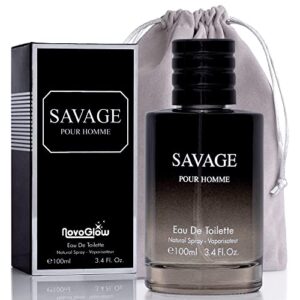 savage for men – 3.4 oz men’s eau de toilette spray – refreshing & warm masculine scent for daily use men’s casual cologne includes novoglow carrying pouch smell fresh all day a gift for any occasion