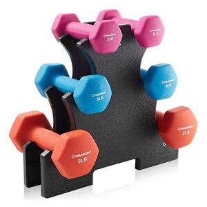 philosophy gym neoprene dumbbell hand weights with stand, 20 lbs (2 lb, 3 lb, 5 lb pairs)