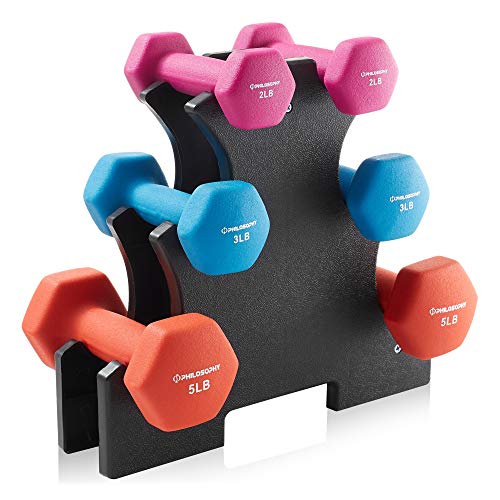 Philosophy Gym Neoprene Dumbbell Hand Weights with Stand, 20 lbs (2 lb, 3 lb, 5 lb Pairs)