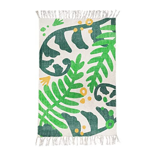 Green Philosophy Into The Fronds Handwoven Floral Leaf Cotton Area Rug 2'x3' Floor Carpet with Tassels Washable Green Accent Boho Home Decor Gift Throw Runner for Entryway Bedroom Living Room Kitchen