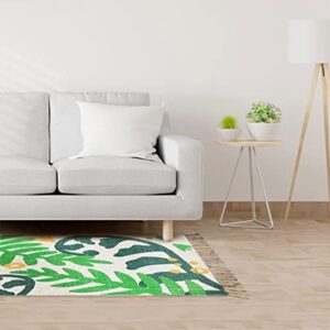 Green Philosophy Into The Fronds Handwoven Floral Leaf Cotton Area Rug 2'x3' Floor Carpet with Tassels Washable Green Accent Boho Home Decor Gift Throw Runner for Entryway Bedroom Living Room Kitchen