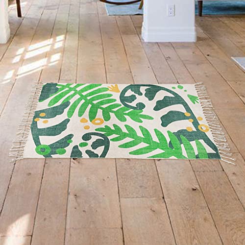 Green Philosophy Into The Fronds Handwoven Floral Leaf Cotton Area Rug 2'x3' Floor Carpet with Tassels Washable Green Accent Boho Home Decor Gift Throw Runner for Entryway Bedroom Living Room Kitchen