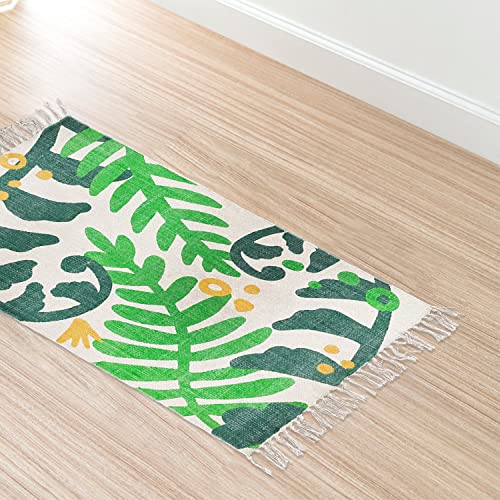 Green Philosophy Into The Fronds Handwoven Floral Leaf Cotton Area Rug 2'x3' Floor Carpet with Tassels Washable Green Accent Boho Home Decor Gift Throw Runner for Entryway Bedroom Living Room Kitchen