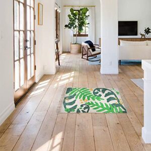 Green Philosophy Into The Fronds Handwoven Floral Leaf Cotton Area Rug 2'x3' Floor Carpet with Tassels Washable Green Accent Boho Home Decor Gift Throw Runner for Entryway Bedroom Living Room Kitchen