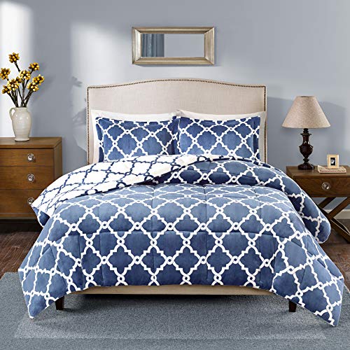 Sleep Philosophy True North Peyton Reversible Fretwork Print Plush Comforter Set Bedroom Comforters with Shams Ultra Soft and Cozy, Full/Queen, Indigo