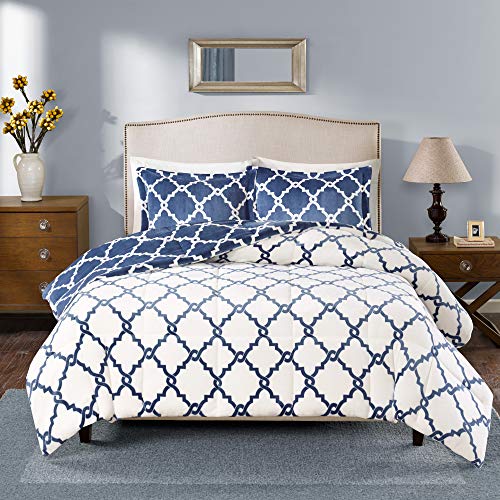 Sleep Philosophy True North Peyton Reversible Fretwork Print Plush Comforter Set Bedroom Comforters with Shams Ultra Soft and Cozy, Full/Queen, Indigo