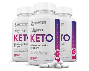 justified laboratories (3 pack) algarve keto acv pills 1275mg formulated with apple cider vinegar keto support blend 180 capsules