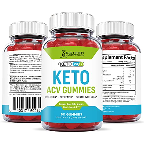 Justified Laboratories (2 Pack) Keto 24/7 Gummies 1000MG ACV with Pomegranate Juice Beet Root B12 120 Gummys