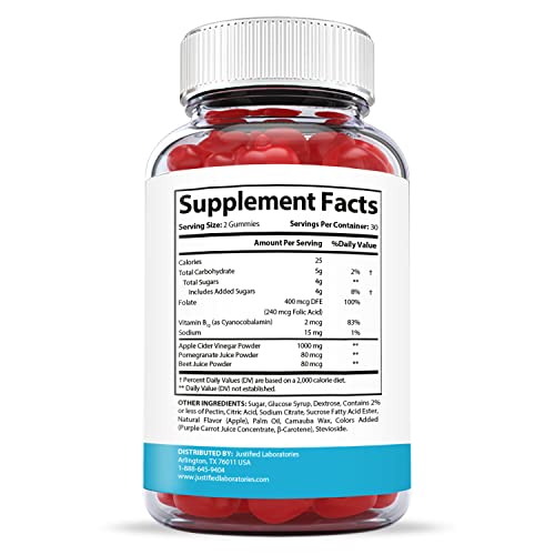 Justified Laboratories (2 Pack) Keto 24/7 Gummies 1000MG ACV with Pomegranate Juice Beet Root B12 120 Gummys