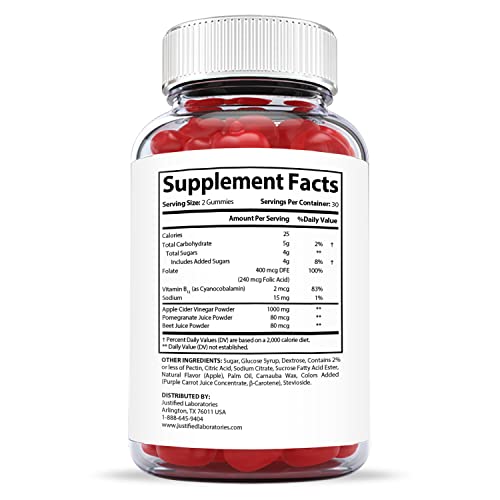 Justified Laboratories Total ACV Heath Keto Gummies 1000MG with Pomegranate Juice Beet Root B12 60 Ketos Gummys