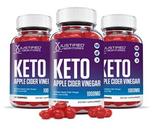 justified laboratories (3 pack) keto apple cider vinegar gummies 1000mg acv made from the mother with pomegranate juice beet root b12 180 gummys