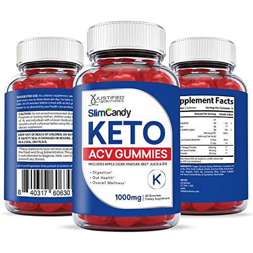 Justified Laboratories (10 Pack) Slim Candy Keto ACV Gummies 1000MG with Pomegranate Juice Beet Root B12 600 Gummy