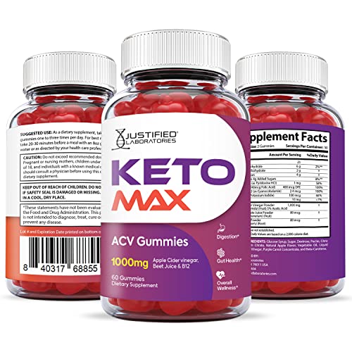 Justified Laboratories (3 Pack) Keto Max ACV Gummies 1000MG with Pomegranate Juice Beet Root B12 180 Gummys