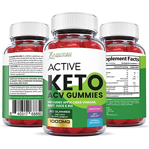 Justified Laboratories Active Keto ACV Gummies 1000MG with Pomegranate Juice Beet Root B12 60 Gummys