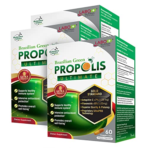 LABO Nutrition Brazilian Green Propolis Ultimate - Contains >7% or 28mg/Serving Artepillin C & >5% Flavonoids, for Immune & Brain Support, Natural, High Concentrate & Premium, 60 Veg Capsulesx3