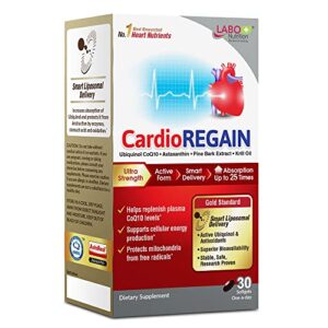 labo nutrition cardioregain, ubiquinol coq10 with kaneka qh 100mg, pine bark extract, astaxanthin, heart health & cellular energy. up to 25x higher absorption with smart liposomal delivery, soy free