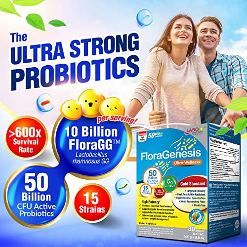 LABO Nutrition FloraGenesis - Probiotics 50 Billion CFU for Women & Men, 15 Strains, 600x More Survivability, Delayed Release, Stomach Acid Resistant, for Gut and Digestive Health - 30 Bags Powder