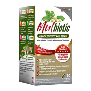 labo nutrition mulbiotic capsule, organic mulberry leaf extract + lactospore probiotic & fenumannan prebiotic, for healthy blood glucose leval, sugar & carb cravings support, vegetarian, non-gmo