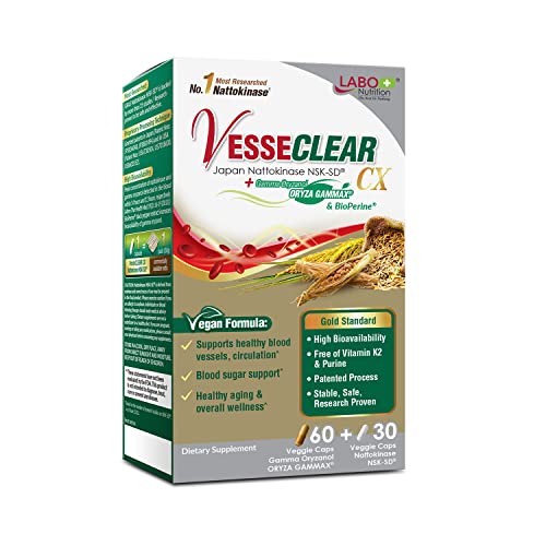 LABO Nutrition VesseCLEAR CX: Nattokinase NSK-SD + Gamma Oryzanol for Clean Blood Vessel & Healthy Ageing, Japan's Most Clinically Studied, Support Healthy Cholesterol, Heart, Vegan