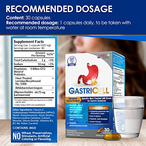 LABO Nutrition GASTRICELL - Eliminate H. Pylori, Relieve Acid Reflux & Heartburn, Regulate Gastric Acid, Natural Treatment, Target The Root Cause of Recurring Gastric Problems, Probiotic, 30 Capsules