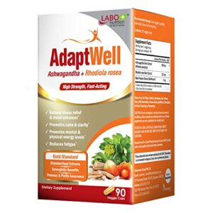 LABO Nutrition AdaptWell Ashwagandha Root Extract >7% withanolides (35mg), Rhodiola Rosea Extract >5% rosavins & Bioperine, for Relax, Adrenal, Immune & Thyroid Support, 90 Counts