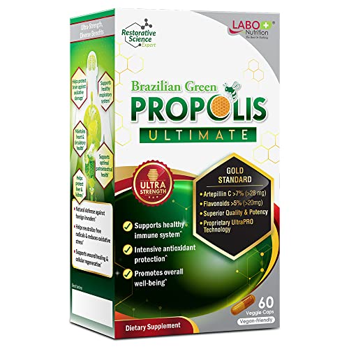 LABO Nutrition Brazilian Green Propolis Ultimate - Contains >7% or 28mg per Serving Artepillin C & >5% Flavonoids, for Immune & Brain Support, Natural, High Concentrate & Premium, 60 Veg Capsules