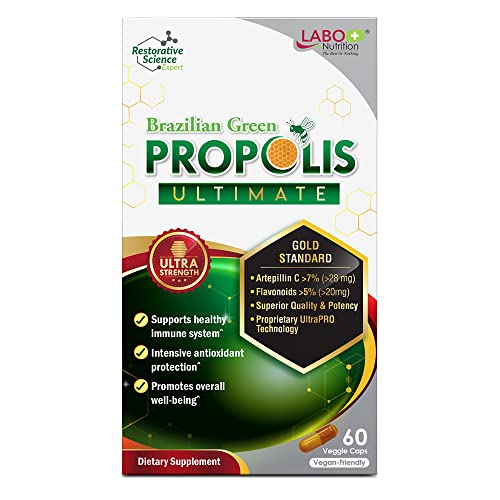 LABO Nutrition Brazilian Green Propolis Ultimate - Contains >7% or 28mg per Serving Artepillin C & >5% Flavonoids, for Immune & Brain Support, Natural, High Concentrate & Premium, 60 Veg Capsules