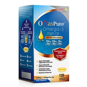 labo nutrition omaxpure omega 3 fish oil, 1125mg omega-3, 120 count, pharmaceutical grade, high potency, better absorbed supercritical co2 extracted rtg form, for heart, joint, brain & immune health