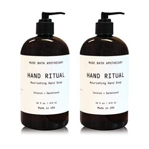 muse bath apothecary hand ritual – aromatic and nourishing hand soap, infused with natural aromatherapy essential oils – 16 oz, coconut + sandalwood, 2 pack