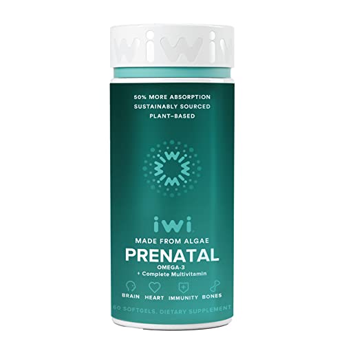 Iwi Prenatal Multivitamin with DHA, EPA, Omega Fatty Acids, Folate, Iron, Vitamin A, C, D3, E, K2, B6, B12, Calcium, Iodine, Niacin, Chlorophyll, Zinc - 60 Gluten-Free, Vegan Softgels (30 Day Supply)