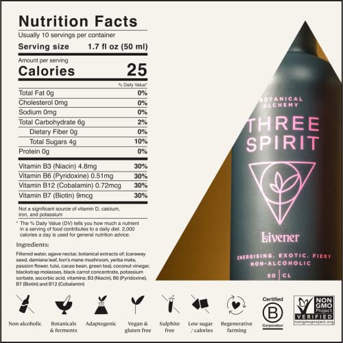 Three Spirit Non-Alcoholic Alternative Spirit- The Livener, 50cl | Energizing with Natural Caffeine, ADAPTOGENS & Watermelon & Ginger | Multi-Award Winning Active botanical, Gluten Free & Vegan Drinks