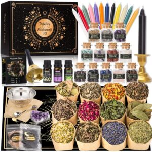 [upgraded] witchcraft supplies witch stuff spell kit, 61 pcs wiccan supplies and tools, include dried herb crystal candle amethyst black salt, witch gift wiccan starter kit altar supplies pagan decor