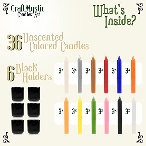 Spell Taper Candles Set for Witchcraft - 36 Colored Mini Ritual Chime Candle Sticks and 6 Black Holders - Supplies Tools for Prayer Meditation Metaphysical Wiccan Altar Chakra Healing Manifestation