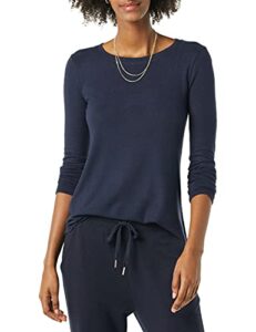 daily ritual women’s cozy knit standard-fit long-sleeve shirttail hem crewneck shirt, navy, medium